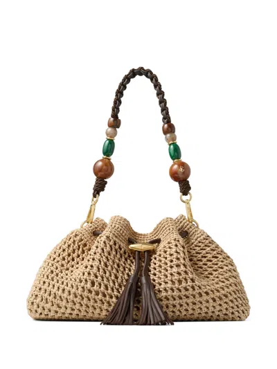 Jimmy Choo Cinch Small Shoulder Bag In Natural Crocheted Raffia And Chocolate Nappa Leather With Braided Strap In Purple