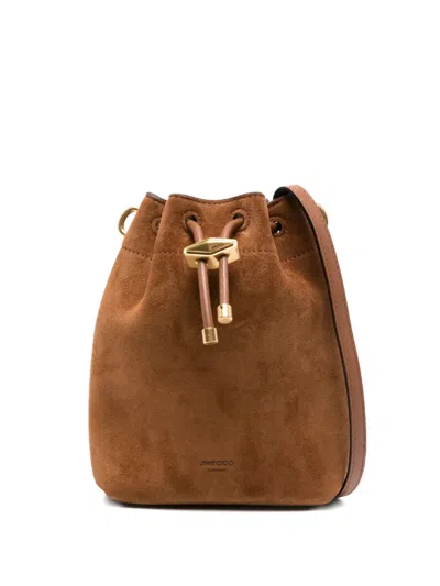 Jimmy Choo Cinch Drawstring Suede Bucket Mini Bag In Brown