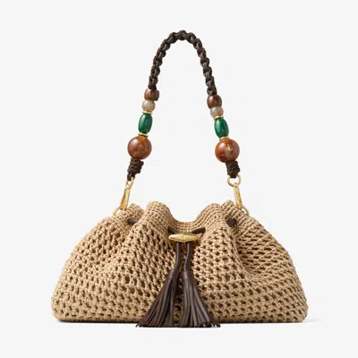 Jimmy Choo Cinch Medium Natural And Chocolate Crochet Raffia Shoulder Bag With Braided Strap Natural In Neutral