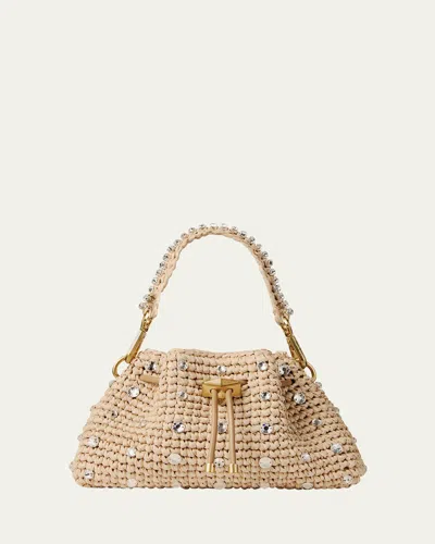 Jimmy Choo Cinch Small Crystal-embellished Raffia Drawstring Top Handle Bag In Gold
