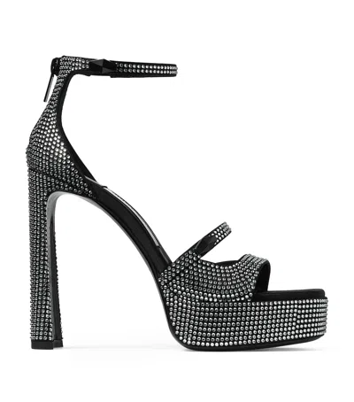 Jimmy Choo Claressa 125 Crystal Satin Platform Sandals In Black