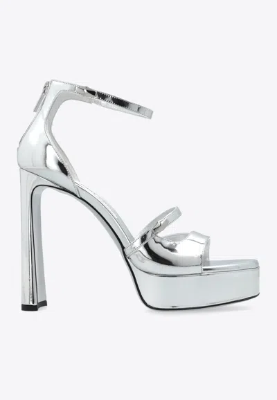 Jimmy Choo Claressa 125 Metallic Leather Platform Sandals In Silver