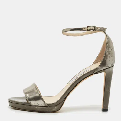 Pre-owned Jimmy Choo Claudette Size 39 Metallic Leather Ankle Strap Sandals In Silver