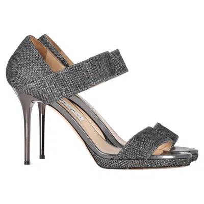 Jimmy Choo Closed Heel Tab Sandals In Metallic Silver Polyester In Gray