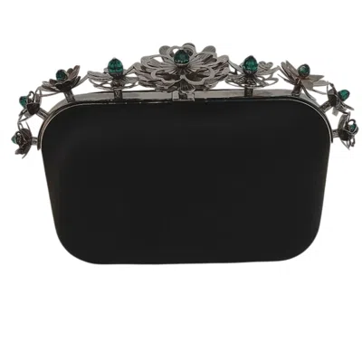 Jimmy Choo Cloud Clutch Satin Bag With Floral Crown In Black