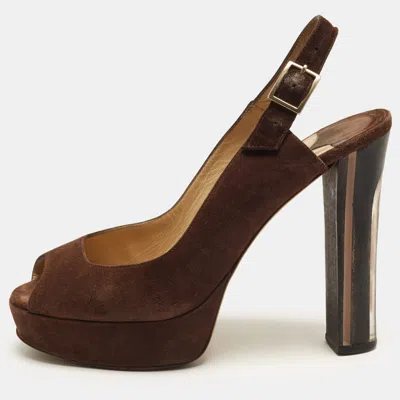 Pre-owned Jimmy Choo Clue Size 37 Brown Suede Platform Slingback Pumps