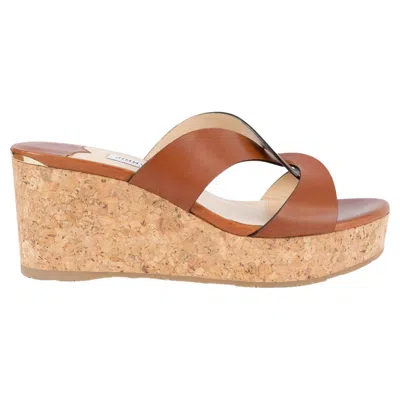 Pre-owned Jimmy Choo Cognac Leather & Cork Atia 75 Wedge Sandals Shoes 40