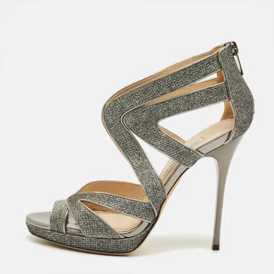Pre-owned Jimmy Choo Collar Size 37 Metallic Silver Glitter And Leather Platform Sandals