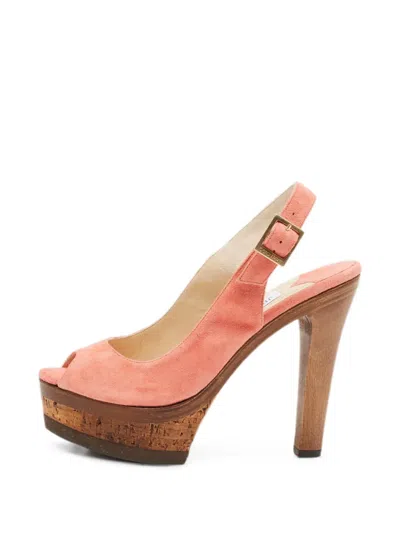 Pre-owned Jimmy Choo Cork-platform Slingback Suede Heeled Sandals In Pink