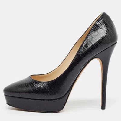 Pre-owned Jimmy Choo Cosmic Size 40 Black Lizard Embossed Leather Platform Pumps