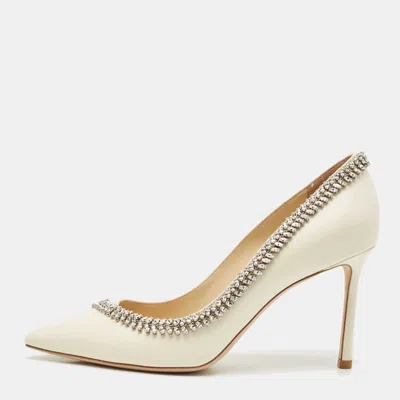 Pre-owned Jimmy Choo Cream Leather Crystal Embellished Romy Pointed Toe Pumps Size 38 In White