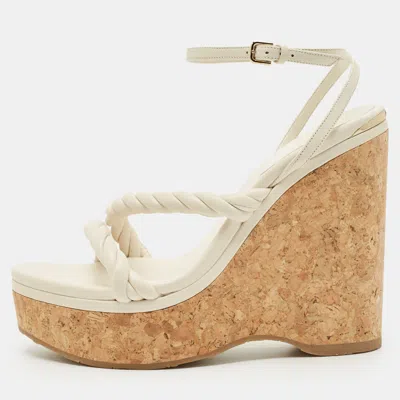 Pre-owned Jimmy Choo Cream Leather Diosa Wedge Sandals Size 40 In White