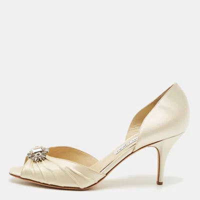 Pre-owned Jimmy Choo Cream Satin Embellished Peep Toe D'orsay Pumps Size 40.5 In White
