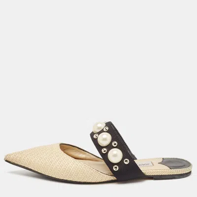 Jimmy Choo Cream/black Canvas And Raffia Embellished Mules In Neutral