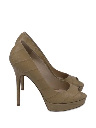 Pre-owned Jimmy Choo Croc-embossed Peep-toe Platform Pumps In Neutral