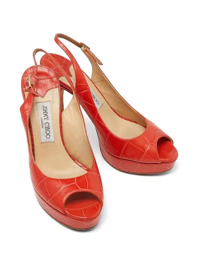 Pre-owned Jimmy Choo Croc-embossed Peep-toe Platform Pumps In Orange