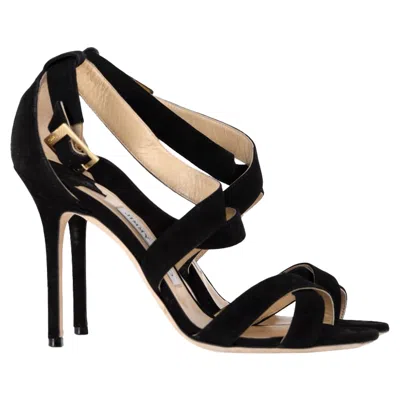 Jimmy Choo Cross-strap Sandal Heels In Black Suede