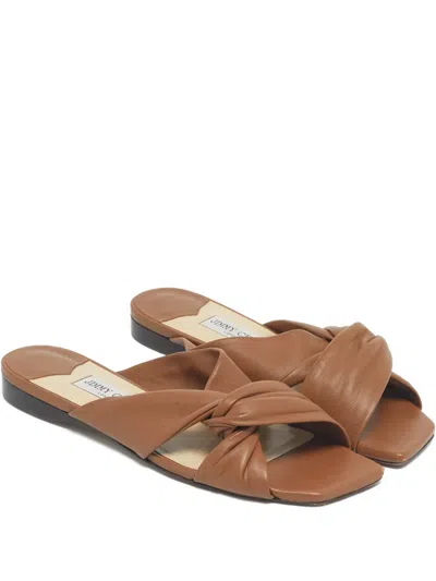 Pre-owned Jimmy Choo Crossed-upper Leather Flat Sandals In Brown