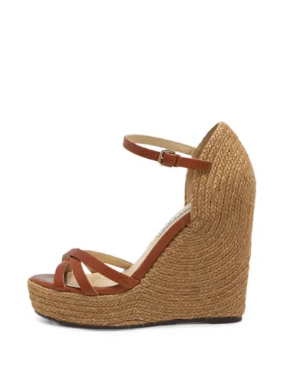 Pre-owned Jimmy Choo Crossover Strap Wedge Sandals In Neutral