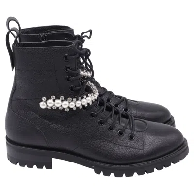 Jimmy Choo Cruz Embellished Combat Boots In Black Leather In Blue