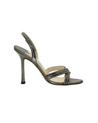 Jimmy Choo Crystal-embellished Cross Strap Sandals In Silver Gunmetal Leather In Brown