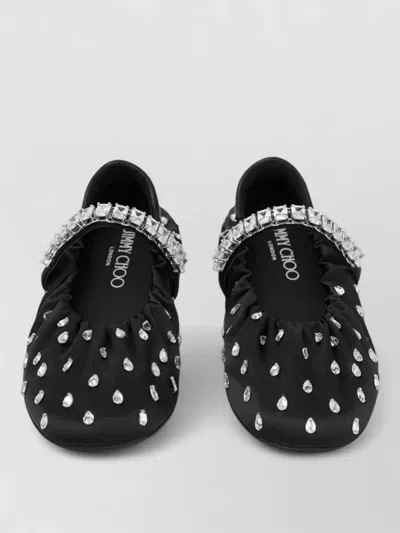 Jimmy Choo Crystal Embellished Gathered Ballerina Flats In Black