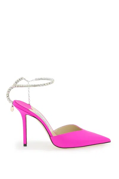 Jimmy Choo Crystal-embellished Satin Pumps With Ankle Strap For Women In Fuchsia