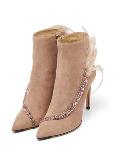 Pre-owned Jimmy Choo Crystal-embellished Feather Ankle Boots In Pink