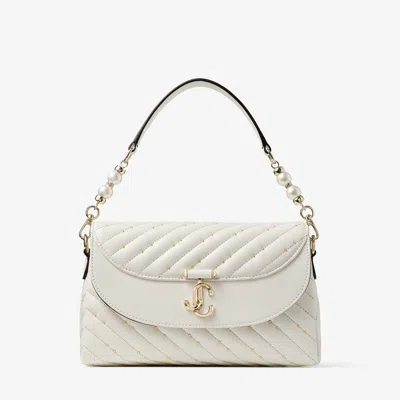 Jimmy Choo Curve Top Handle Latte Quilted Nappa Leather Top Handle Bag With Pearl Detail Latte/shiny In White