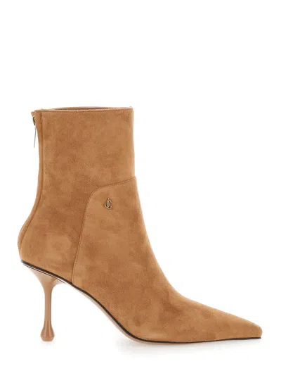 Jimmy Choo Cycas Suede Pointed Ankle Boots With Metallic Logo And 8 Cm Heel In Brown