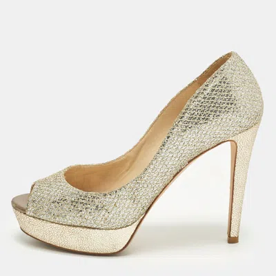 Jimmy Choo Dahlia Gold Glitter Fabric Peep Toe Pumps