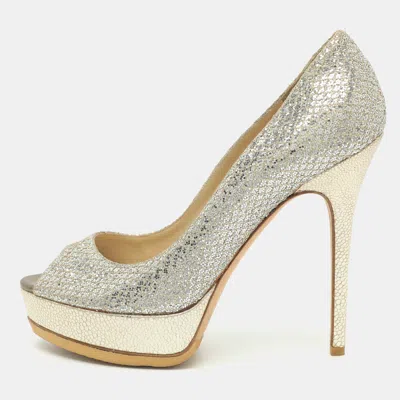 Pre-owned Jimmy Choo Dahlia Size 39 Silver/gold Glitter And Lame Fabric Platform Pumps