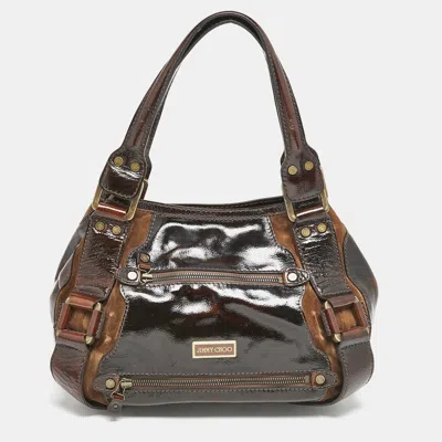 Pre-owned Jimmy Choo Dark Brown Patent Leather And Suede Malena Satchel