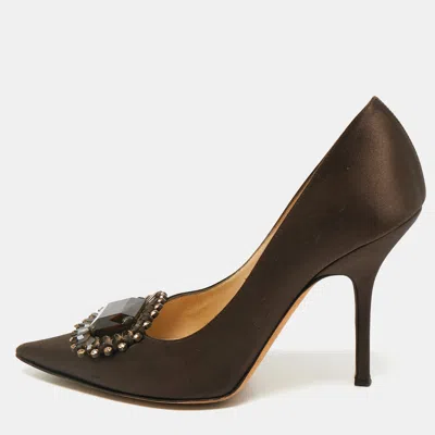 Pre-owned Jimmy Choo Dark Brown Satin Embellished Pointed Toe Pumps Size 40