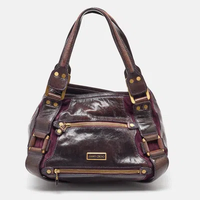 Pre-owned Jimmy Choo Dark Brown/purple Patent Leather And Suede Mahala Satchel