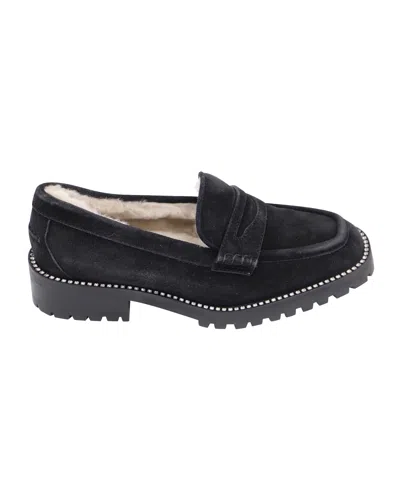 JIMMY CHOO DEANNA CRYSTAL-EMBELLISHED SHEARLING-LINED LOAFERS IN BLACK SUEDE