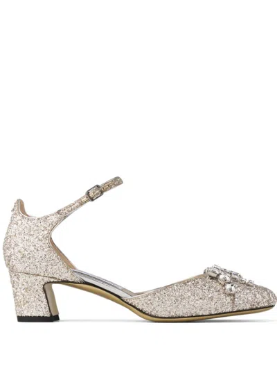 Jimmy Choo Decollete In Glittered Fabric In Beige