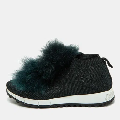 Pre-owned Jimmy Choo Deep Green Knit Fabric And Fur Pom Pom Norway Slip On Sneakers Size 35