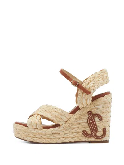 Pre-owned Jimmy Choo Dellena Braided Raffia Wedge Sandals In Neutrals