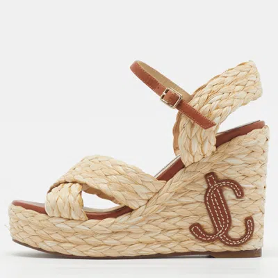 Pre-owned Jimmy Choo Dellena Size 34 Beige/brown Leather And Braided Raffia Wedge Sandals