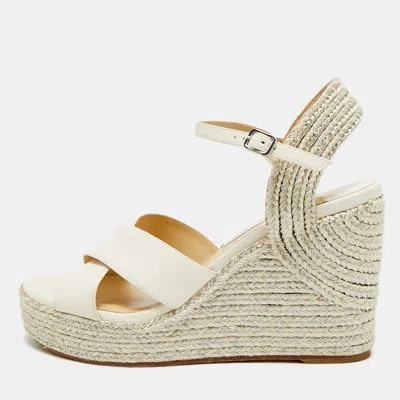 Pre-owned Jimmy Choo Dellena Size 39 Cream Leather Wedge Sandals In White