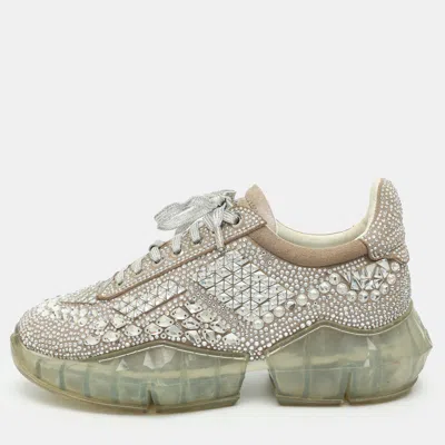 Pre-owned Jimmy Choo Diamond Size 40 Metallic Suede Crystal Embellished Low Top Sneakers In Silver