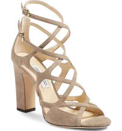 Pre-owned Jimmy Choo Dillan Block Strappy Cage Block Heel Sandal Shoe Light Mocha 38 - 7.5