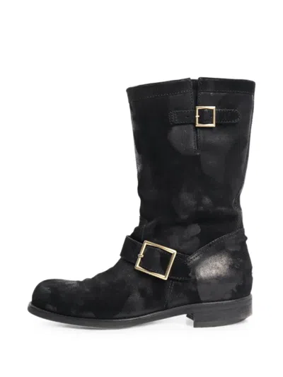 Pre-owned Jimmy Choo Distressed-effect Buckle-fastening Boots In Black