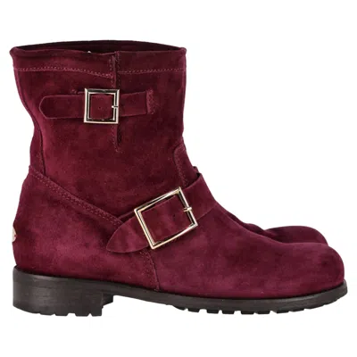 Jimmy Choo Double-buckle Detail Ankle Boots In Burgundy Suede In Red