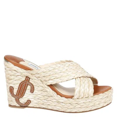 Jimmy Choo Dovina 100 Raffia Wedge Sandals In White