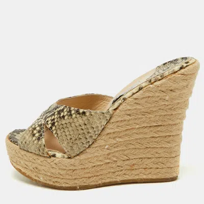 Pre-owned Jimmy Choo Dovina Size 35 Beige Python Embossed Leather Wedge Sandals