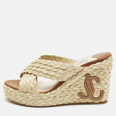 Pre-owned Jimmy Choo Dovina Size 38 Beige Raffia Wedge Sandals