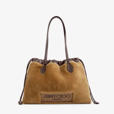 Jimmy Choo Drawstring Tote Medium In Teddy/chocolate/light Gold