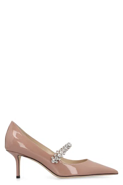 JIMMY CHOO PINK PATENT LEATHER CRYSTAL STRAP POINTED PUMPS